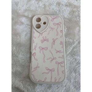 Cream Pink Bow Heart Camera Cutout iPhone Case Coquette‎ Balletcore Ribbed Shell
